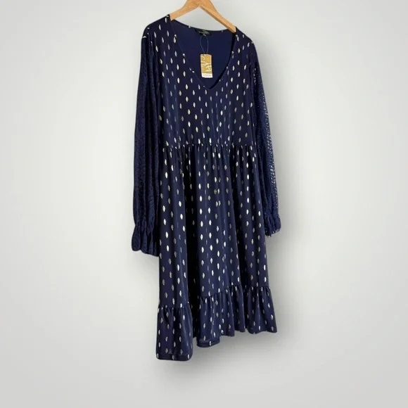 Suzanne Betro Gold Leaf Print Empire Dress Sz 1X Lace Sleeve Ruffle Cuff Pockets - Picture 3 of 8